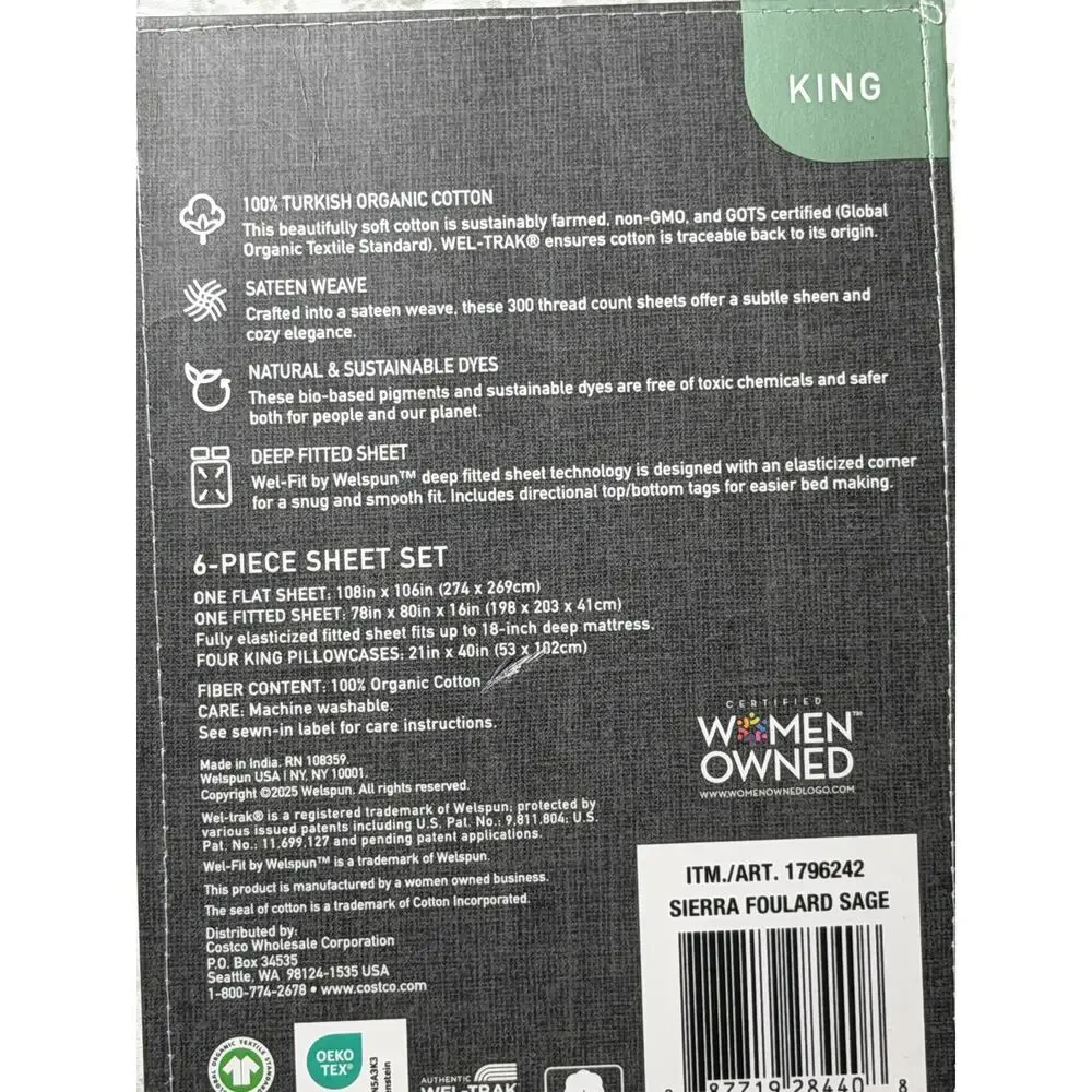 Purely Organic 300 TC 6 Pc 100% Turkish Organic Cotton Sierra Foulard Sage King